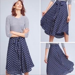 Anthropologie PORRIDGE navy blue and white polka dot midi skirt